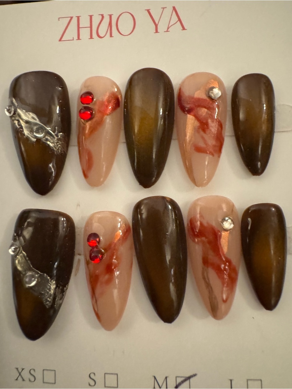NWT ZHUO YA Nude, Brown & Burgundy/Deep Red Marble PressOn Nails (Medium Almond)